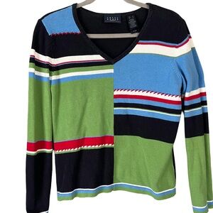 Crazy Horse Liz Claiborne Colorblock Stripe V-Neck Sweater - Multi Green/Blue s